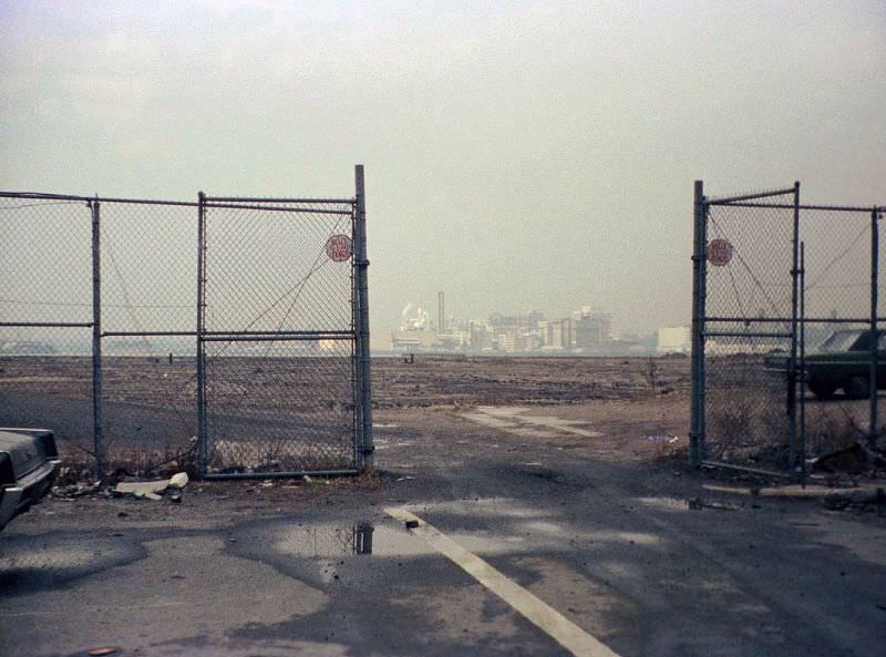 Battery Park City was just a lot of mud with a great view to the industrial skyline of Jersey City and the Colgate Clock, right across West Street from the World Trade Center, April 1975