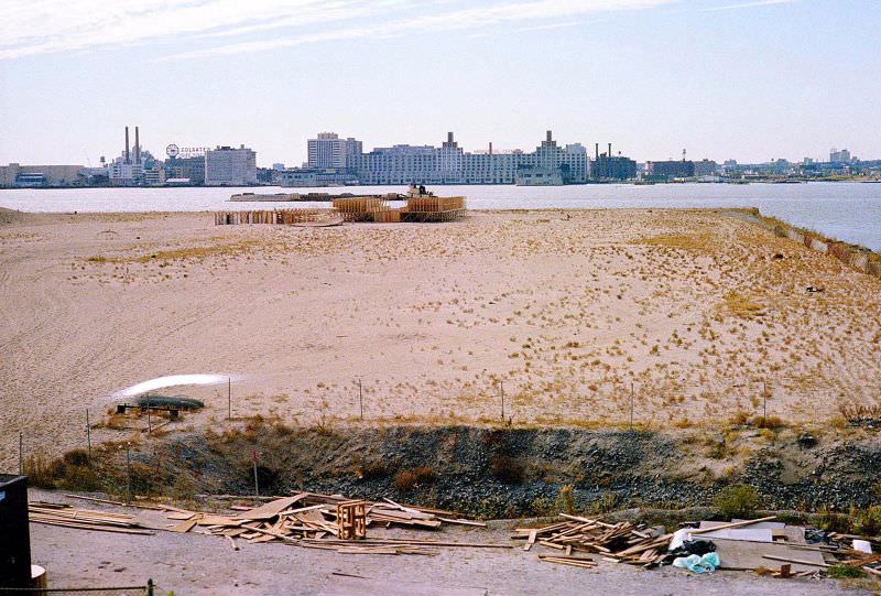 The abandoned West Side Highway looking out at the completed Battery Park City landfill, New York, April 1978