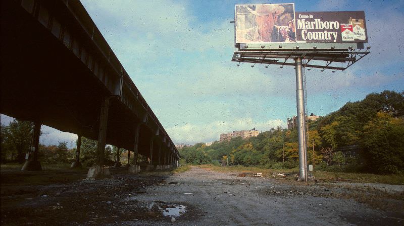 Welcome to Marlboro Country' sign under the West Side Highway by 150th Street, New York, September 1979