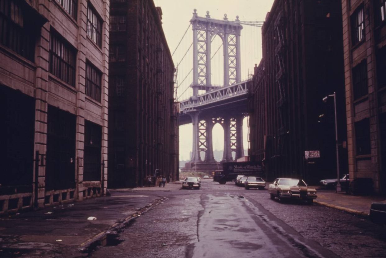 Manhattan Bridge tower in Brooklyn, June 1974.