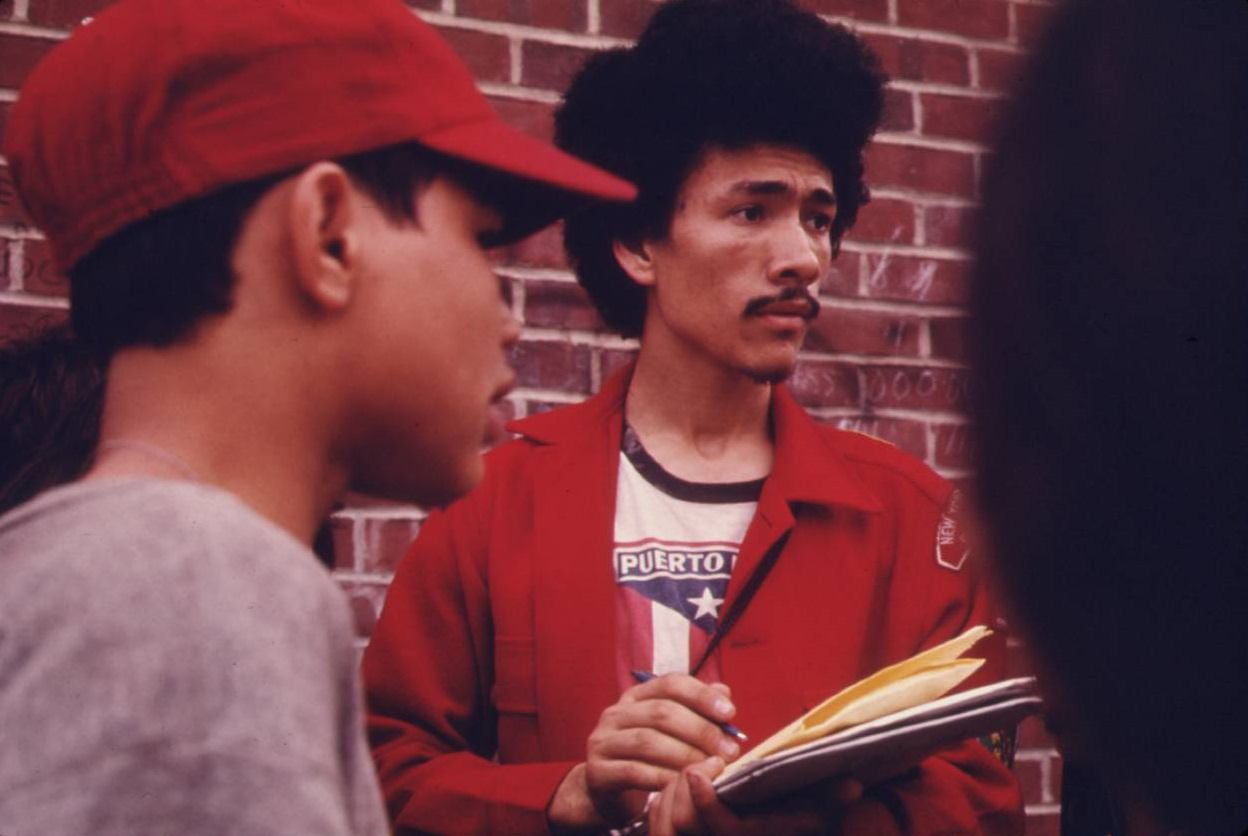 Boy scout leader recruiting among Latin Youths Bedford Stuyvesant district of Brooklyn, June 1974.