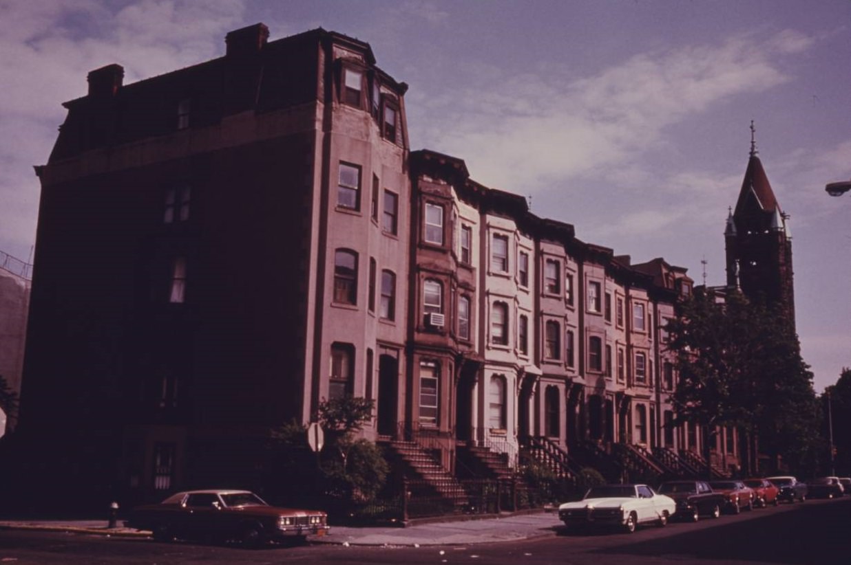Block of brownstone residences in Park Slope of Brooklyn, June 1974.