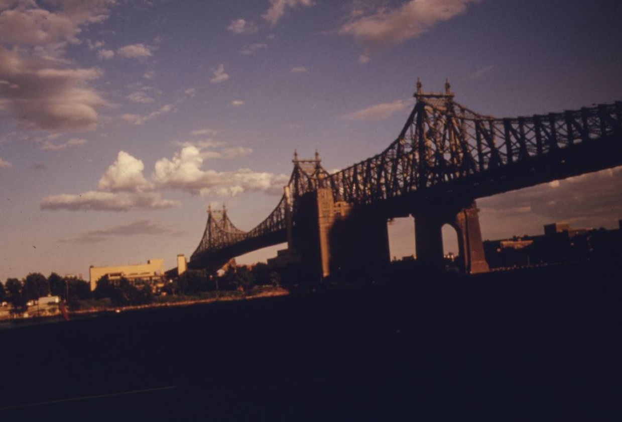 59th Street Bridge seen from the east side drive, Manhattan, August 1974.