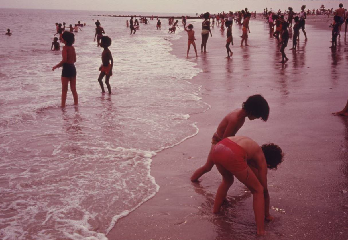 Children at the beach in Reis Park, Brooklyn, July 1974.