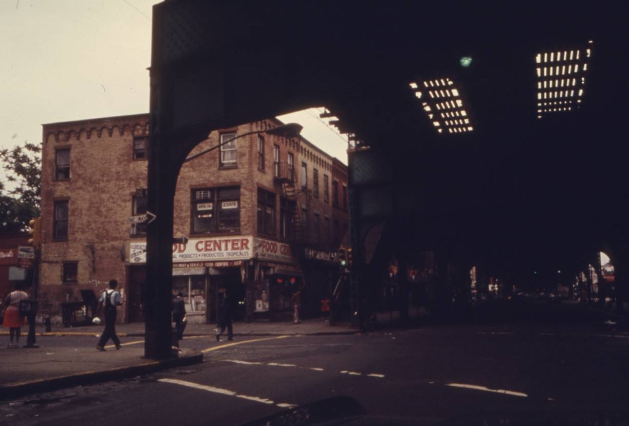 Elevated train tracks at Bushwick Avenue in Brooklyn, NYC, June 1974.