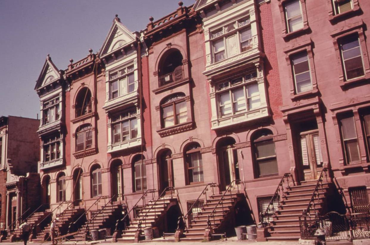 Turn of the century brownstone apartments being gentrified, Brooklyn, July 1974.