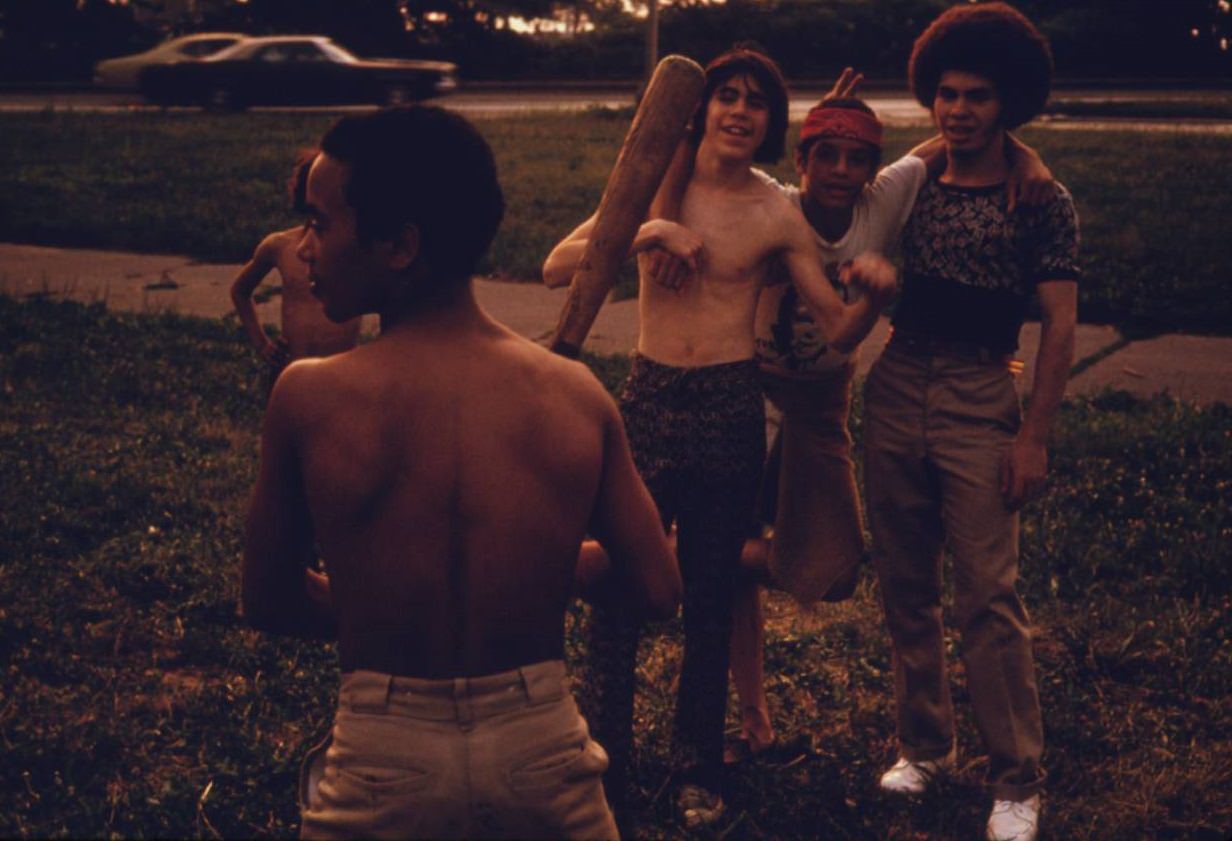 Puerto-Rican boys playing softball in Brooklyn’s Hiland Park, July 1974.