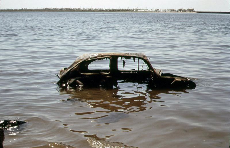 An abandoned car at the river, Queens, New York, May 1973
