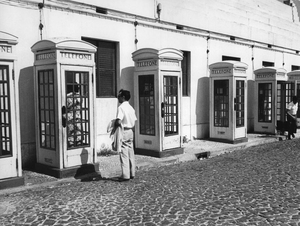 Public telephones in Lisbon, Portugal, 1970.