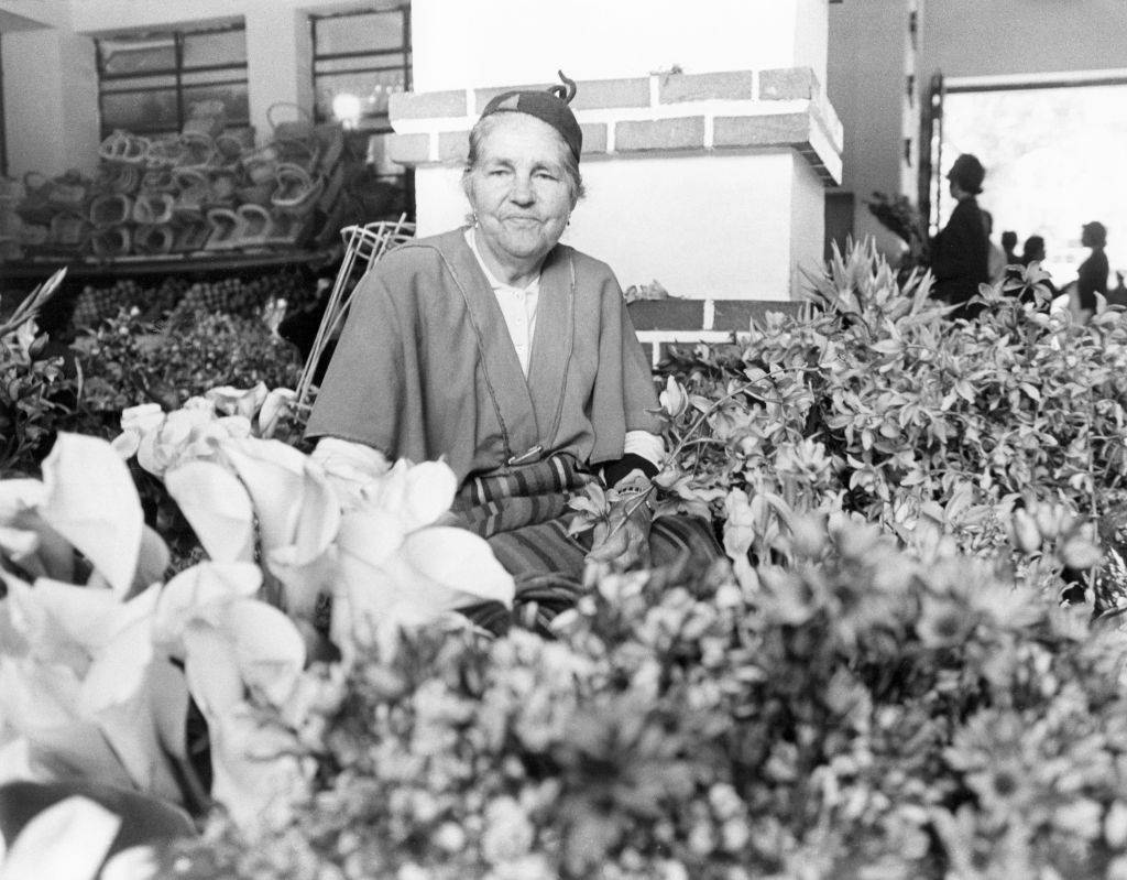 Flower vendor selling flowers in an indoor market, 1971.