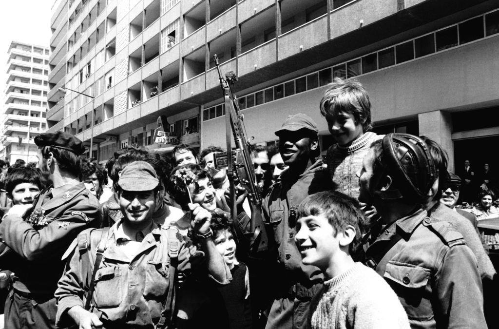 Soldiers on guard in front of the Ministry of Defense at the headquarters of the Junta in 1974 in Lisbon, Portugal.