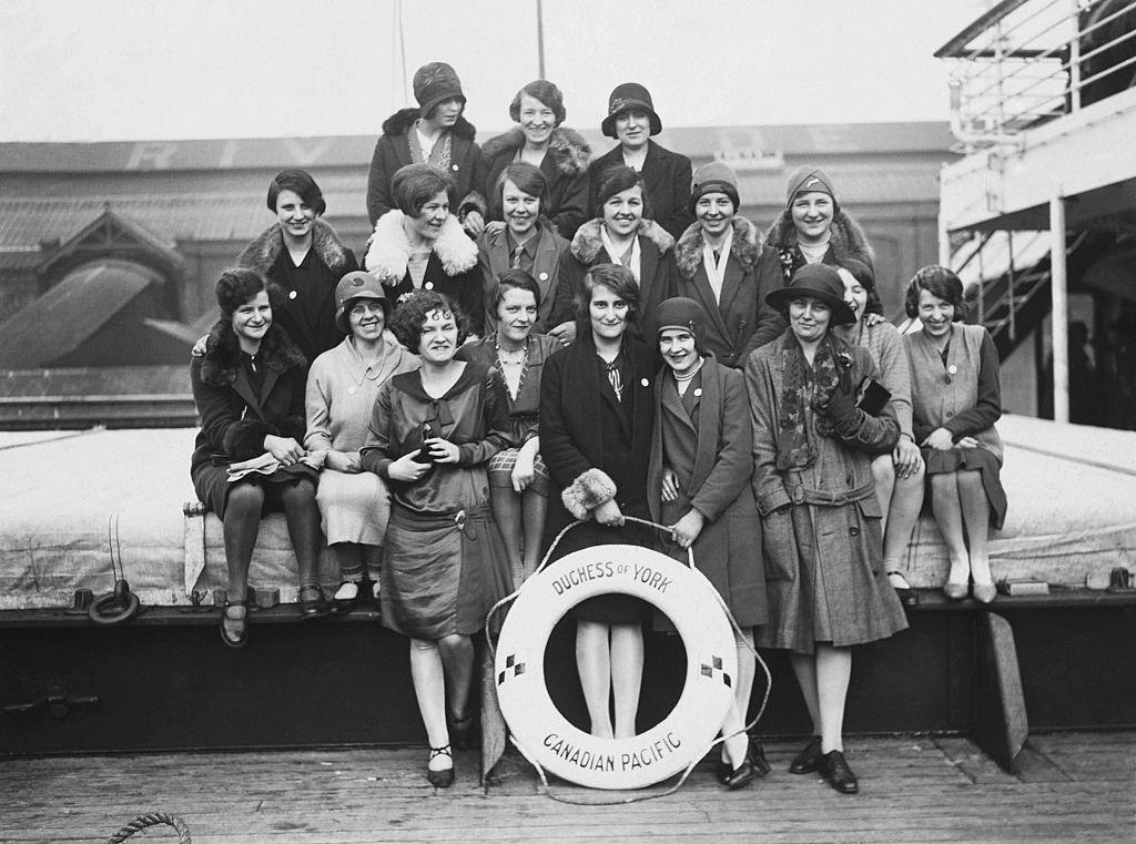 Young women enroute to Saskatoon, Saskatchewan for domestic worker positions on the deck of the Duchess of York.