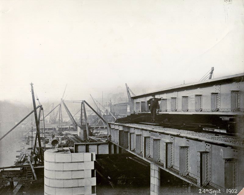 View from Clyde Place, Glasgow of the Central Station Bridge during construction, September 1902 (completed 1905). This was built for the Caledonian Railway Company to their design as part of the reconstruction of the Station.
