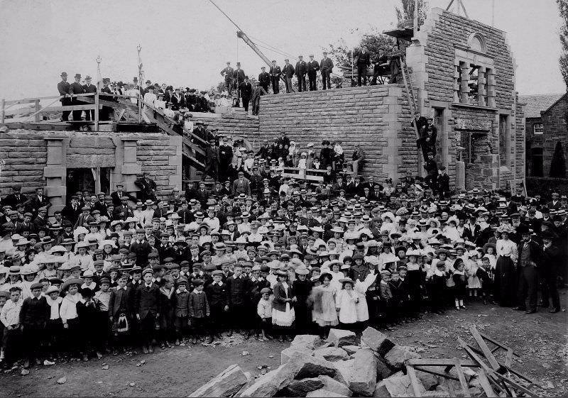 Crowd in front of the Phipps Institute, Beauly, under construction, c. 1903.