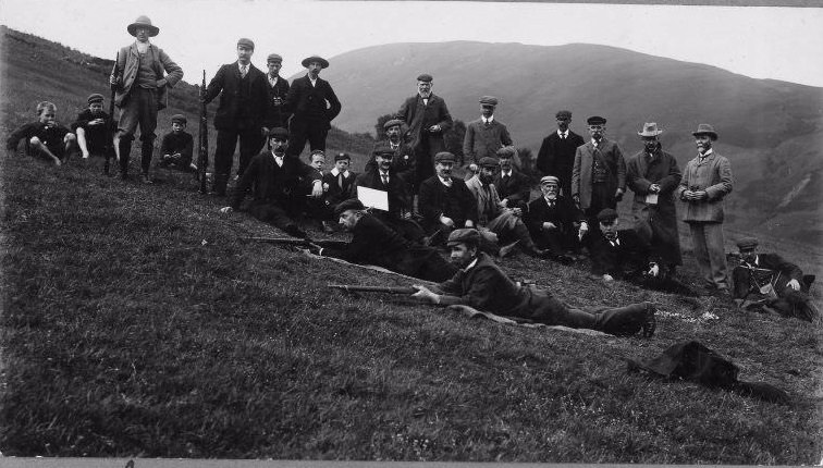 Shooting party at Glen Luss, 1904. Titled: 'Glen Luss. 1904. Shooting for Astor Challenge Cup' and ‘Col. Brock, Mr Christall and Mr Lumsden’.