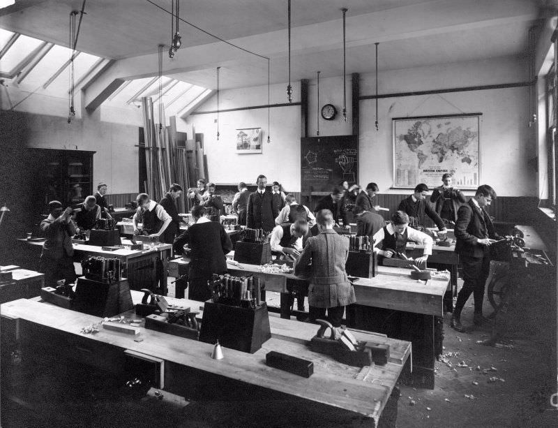 Male pupils in a woodwork class at unidentified school run by the Edinburgh Merchant Company, c. 1910.