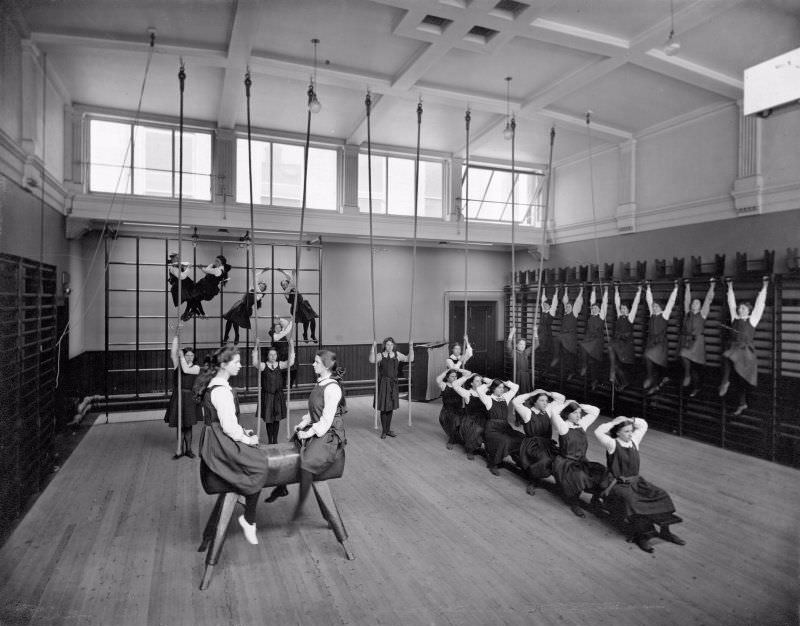 Female pupils in the Gymnasium of unidentified school run by the Edinburgh Merchant Company, c. 1900.