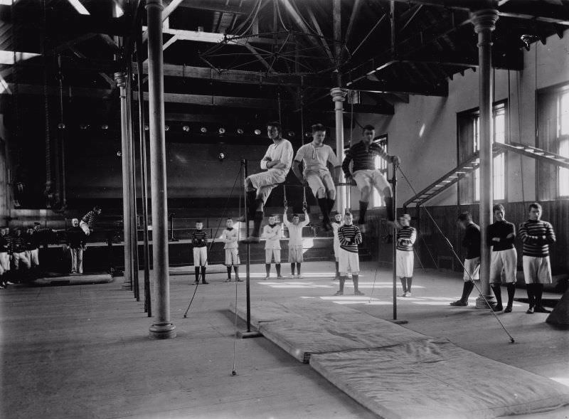Interior view of the gym at Fettes College, Edinburgh. c. 1905.