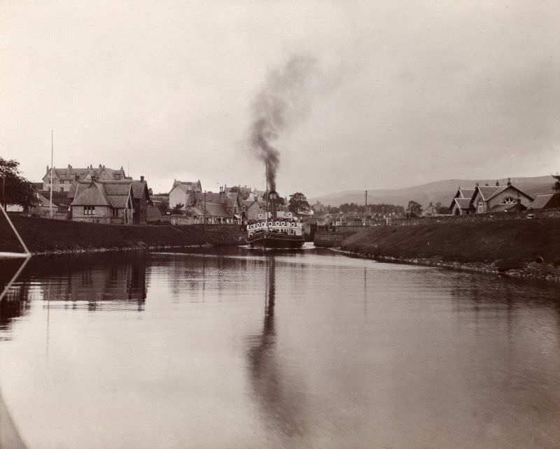 A steamer in the Caledonian Canal at Fort Augustus swing bridge, taken from the E., c. 1910.