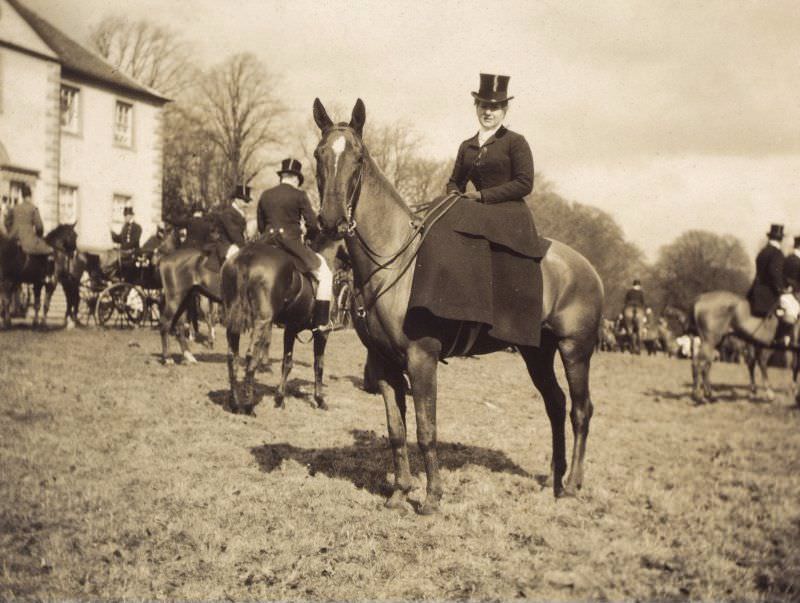 Woman on horseback outside Duchal House, Renfrewshire.