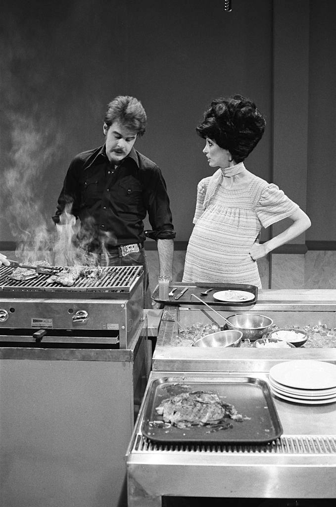 Dan Aykroyd as husband, Shelley Duvall as wife during the 'Steak House' skit on May 14, 1977