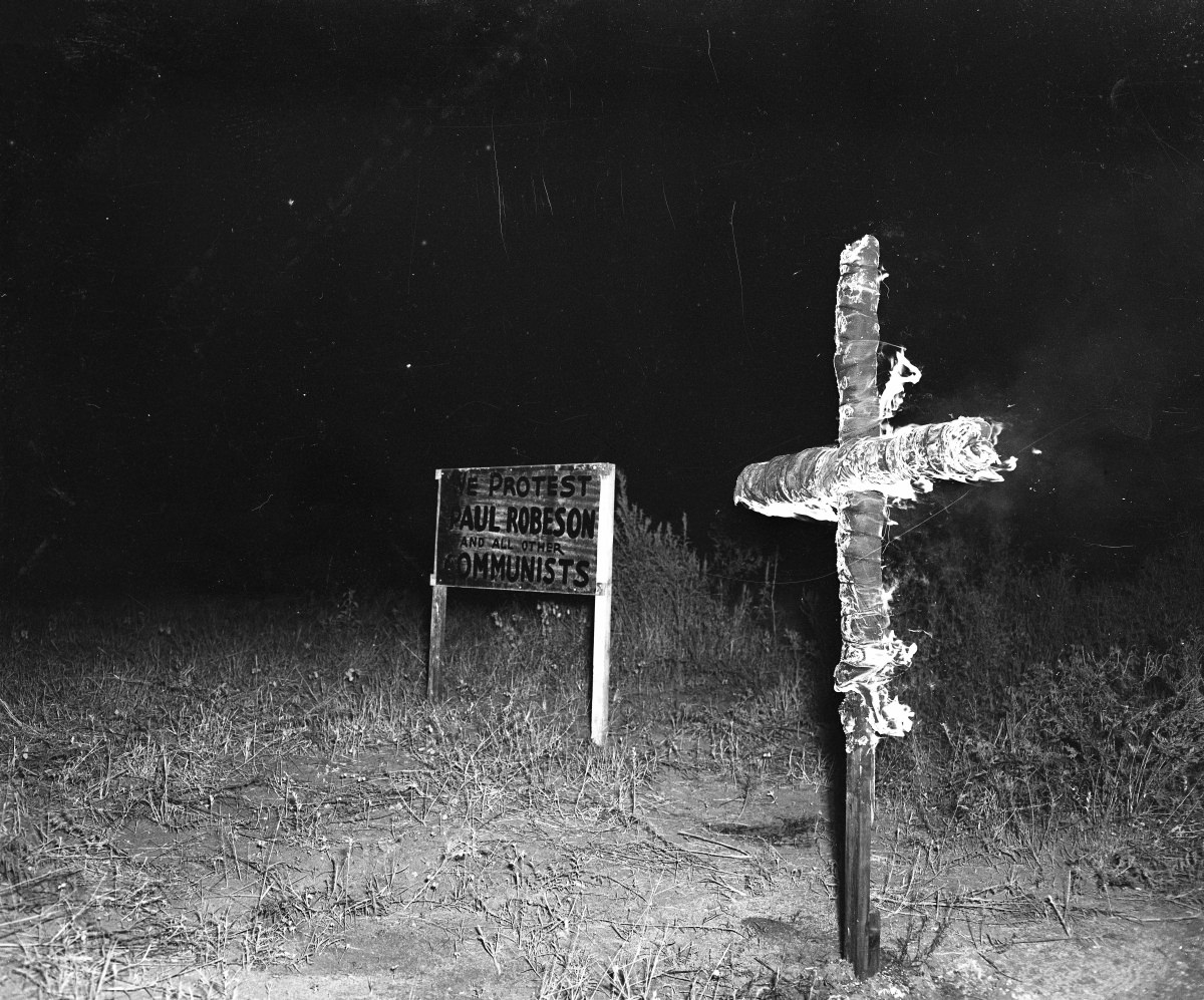 Cross burning by the Ku Klux Klan, in protest of a suspected communist – September 1 1956