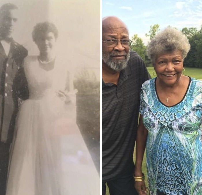 A married couple, 58 years ago and today.