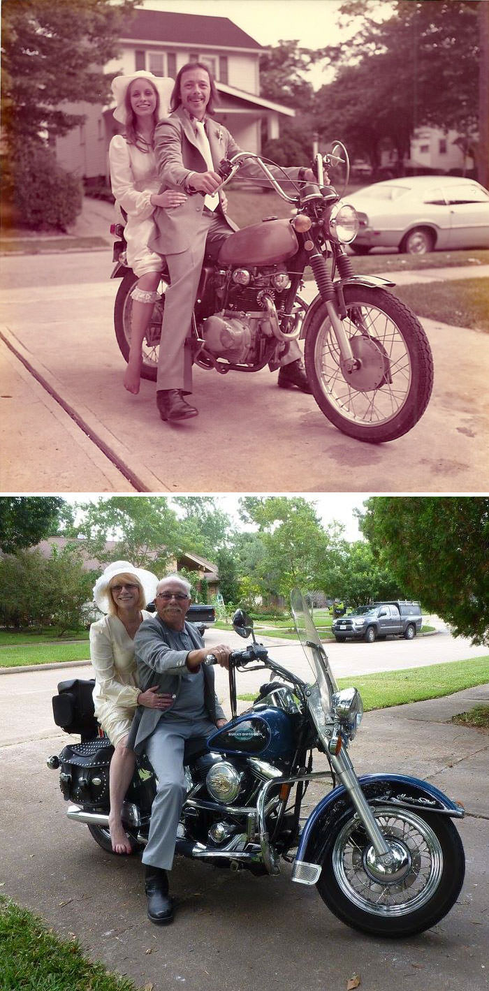 Celebrating 40th anniversary by recreating their wedding pics from 1975