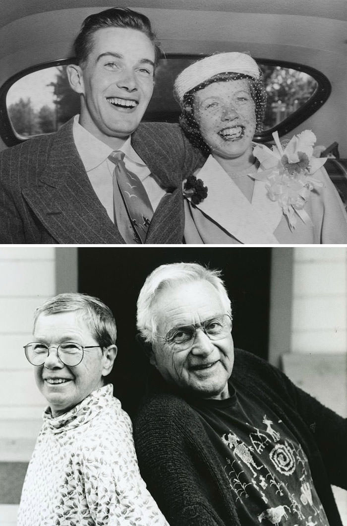 A couple on their wedding day, and one of the last pictures of them together before she died.