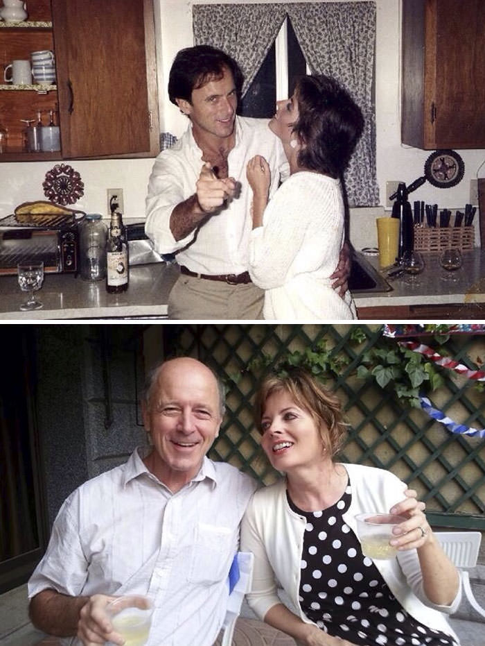 A couple celebrating in 1983 and in 2013.