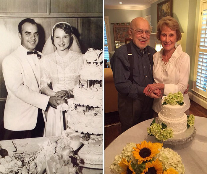 A couple re-created wedding photo on their 60th anniversary
