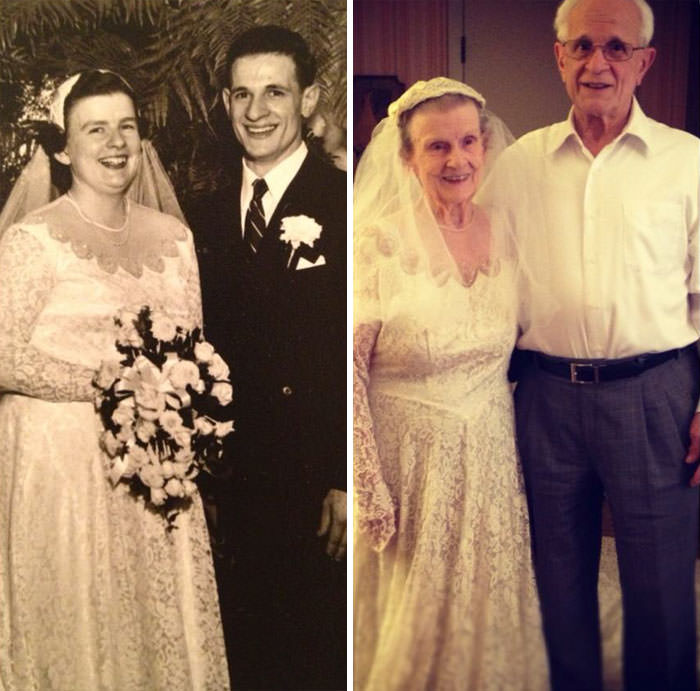 Woman wearing her original wedding dress on her 60th anniversary with her husband. They are a testament to true love and commitment