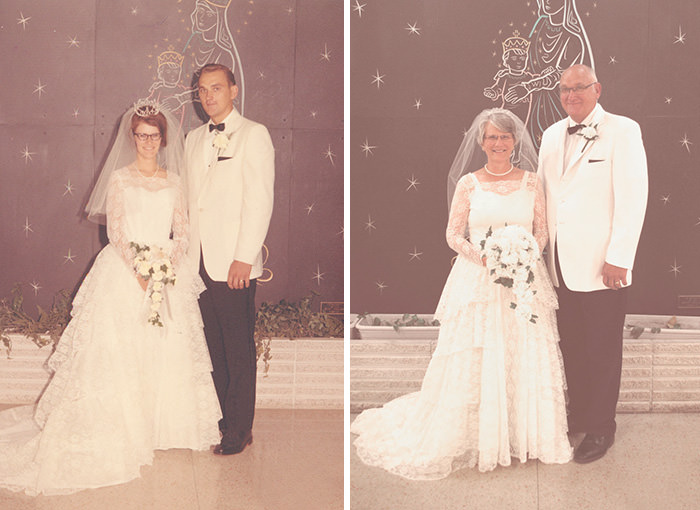 A couple recreated their wedding photo after 45 years in the same dress.