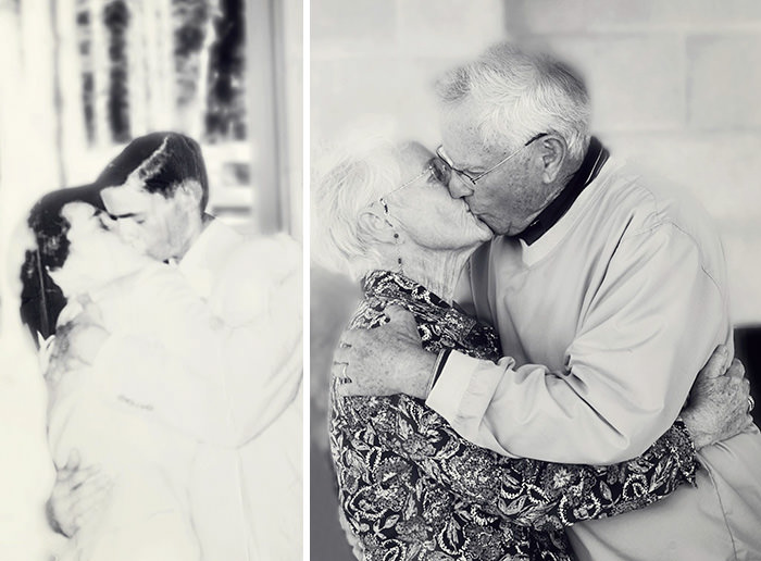 A couple on their wedding day and 60th anniversary