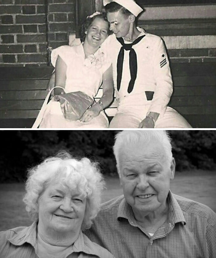 A couple on their wedding day and on their 60th anniversary