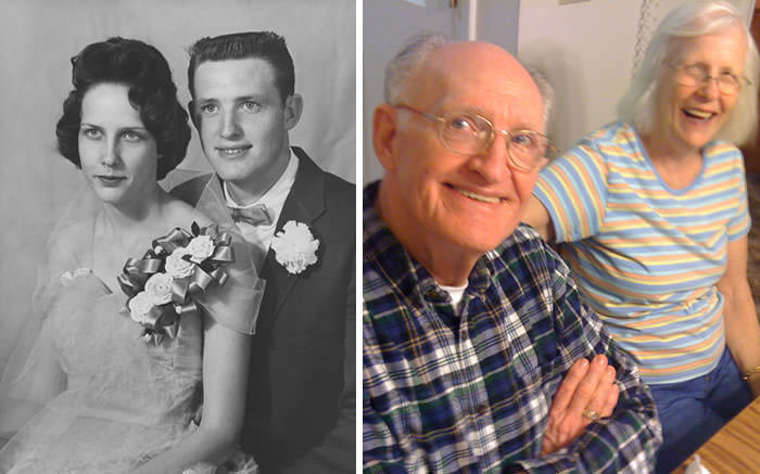 A couple then and now. They were high school sweethearts, and have been married over 50 years