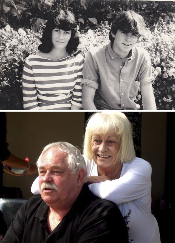 A couple on their 50th wedding anniversary. Here they are, age 15 in 1965 and now.