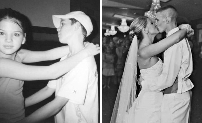 A married couple during a dance in sixth grade and on the wedding day.