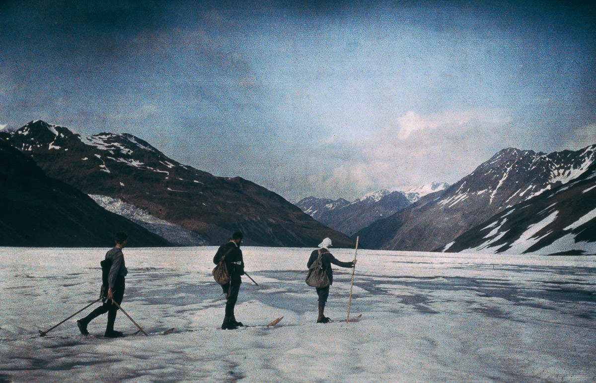Skiing across ice in Otztal, Austria. 1912