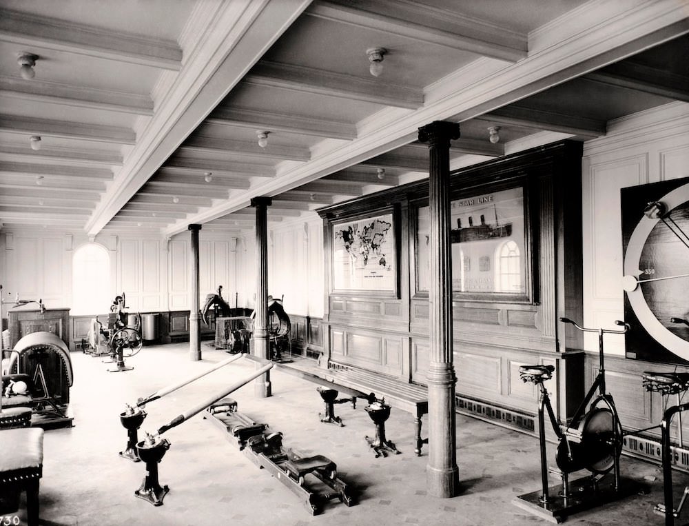 The first class gymnasium on board the Titanic.