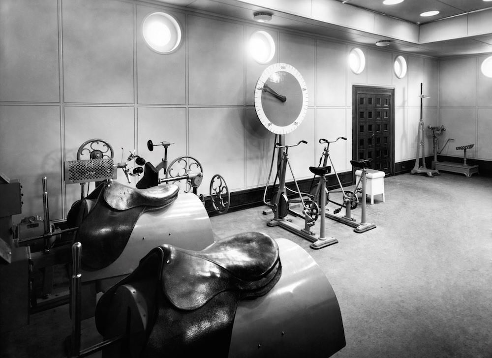 The first class gym on the Liner Vulcania. 1930