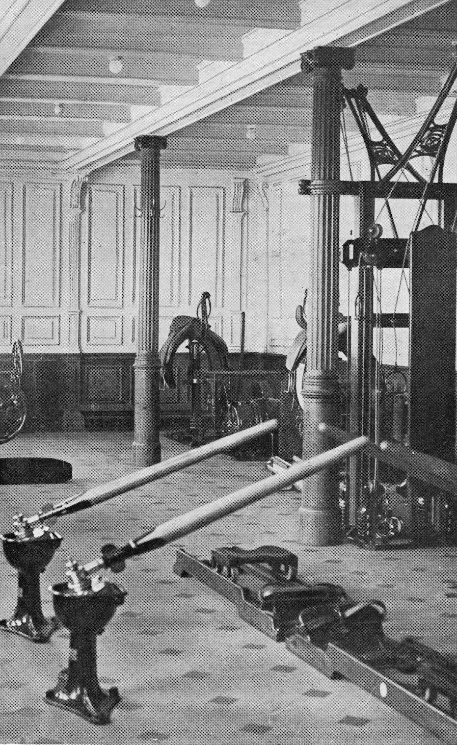 The gymnasium on the Titanic. Passengers could ride on a mechanical saddle or exercise "as if in a racing skiff.1912