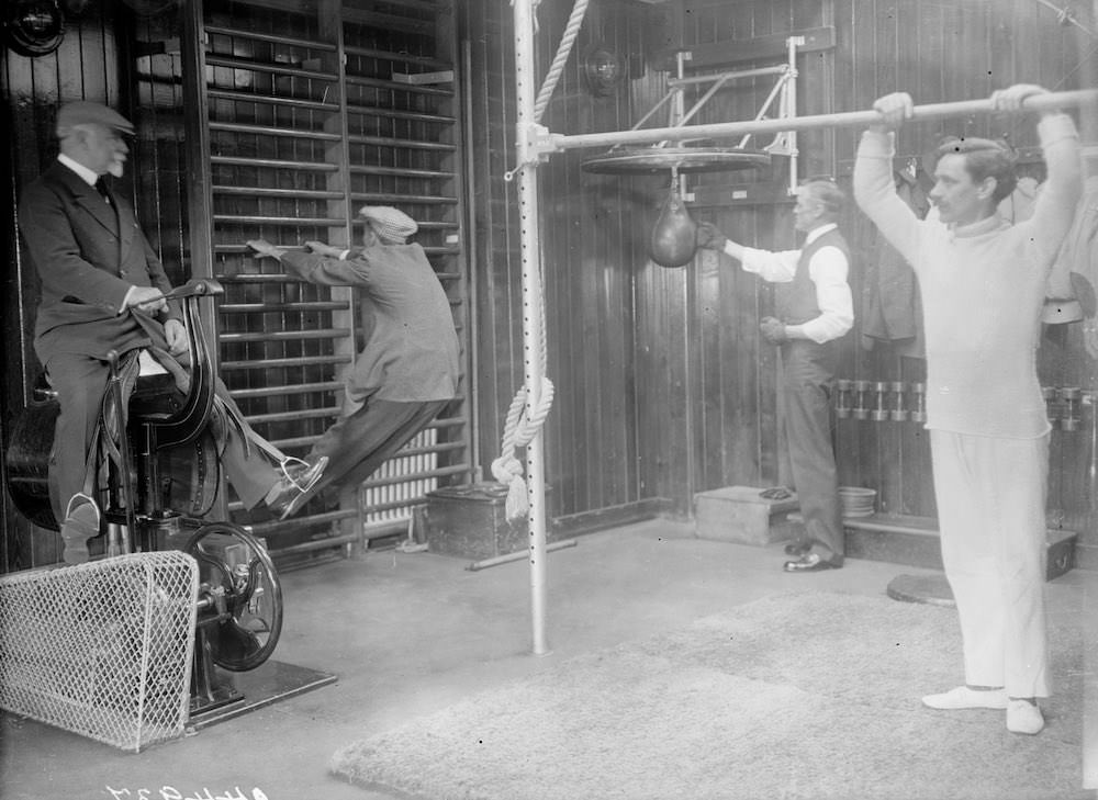 Passengers working out in the gym of the Cunard cruise liner Franconia, which was destroyed by a U-boat in 1916.