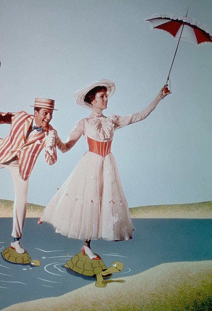 Dick Van Dyke with actress Julie Andrews in 'Mary Poppins', 1964.