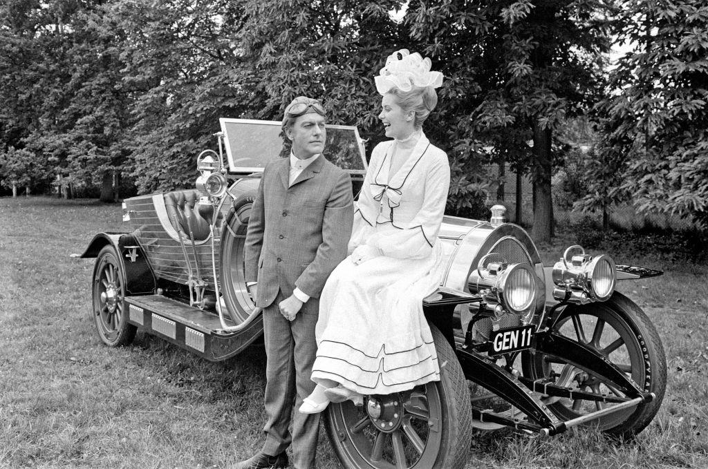 Dick Van Dyke and Sally Ann Howes with Chitty Chitty Bang Bang at Pinewood Studios.