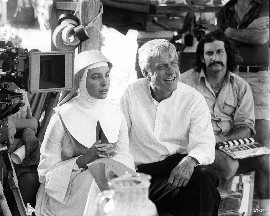 Dick Van Dyke with Kathleen Quinlan on the movie set of 'The Runner Stumbles', 1979.