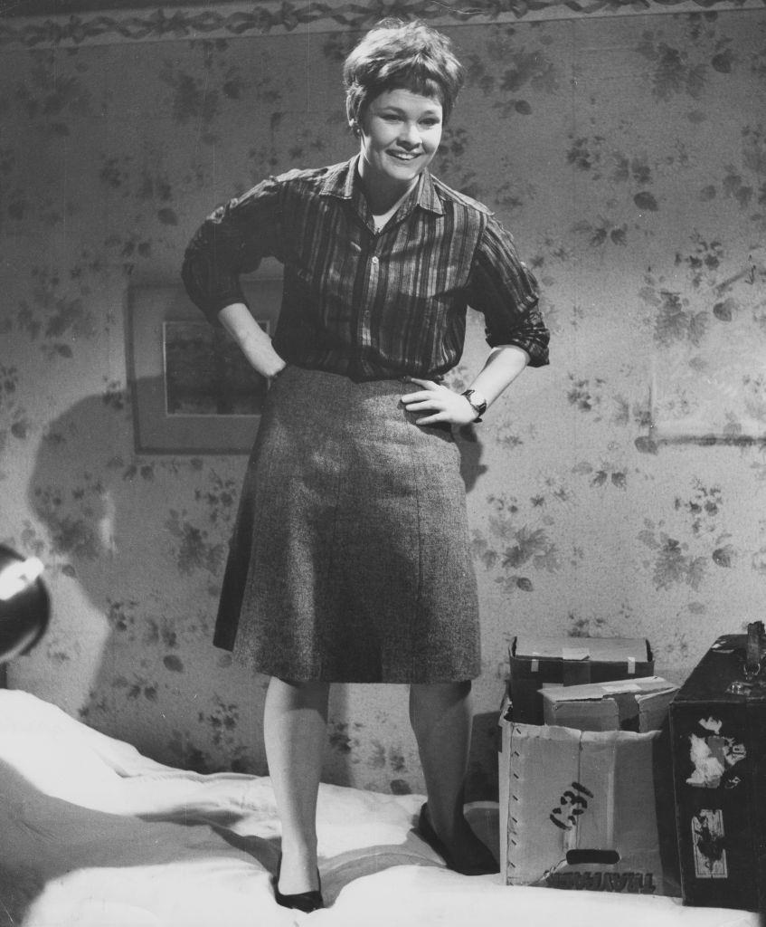 Judi Dench standing on a bed in a scene from episode 'Anytime You're Ready I'll Sparkle', of the television series 'Talking to a Stranger', June 15th 1966.