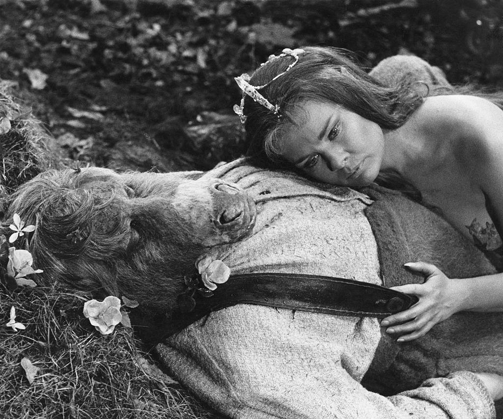 Judi Dench as Titania and Paul Rogers as Bottom during the filming of Shakespeare's play 'A Midsummer Night's Dream', 1968.