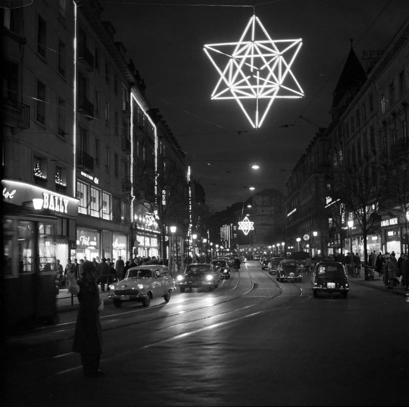 Bahnhofstrasse Christmas lighting in Zürich, 1957