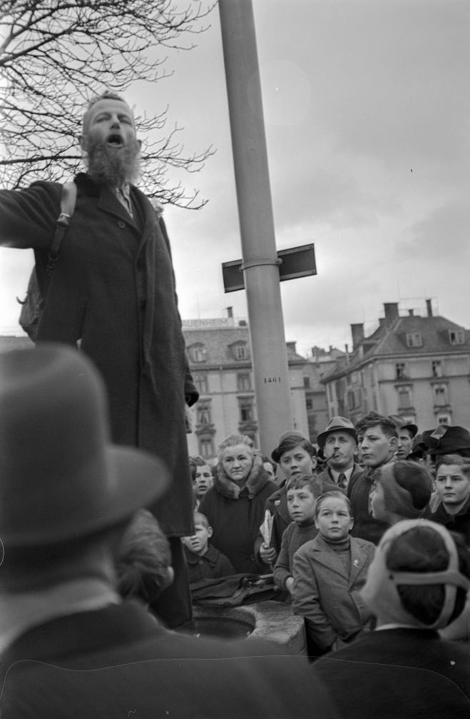 Pacifist Max Daetwyler near the Zurich 'Volkshaus', 1950.